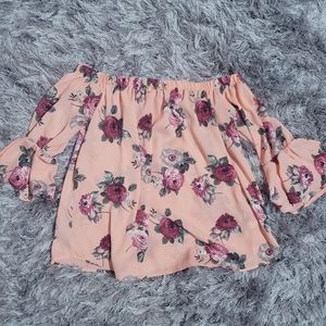 Peach colored floral off the shoulder top